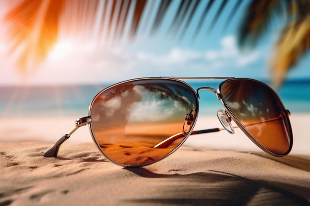 Photo closeup of sunglasses on the sand with palm on the background summer time ai generated