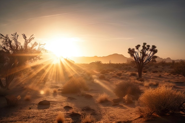 태양 광선이 하늘을 가로질러 퍼지는 사막 풍경의 일출 확대