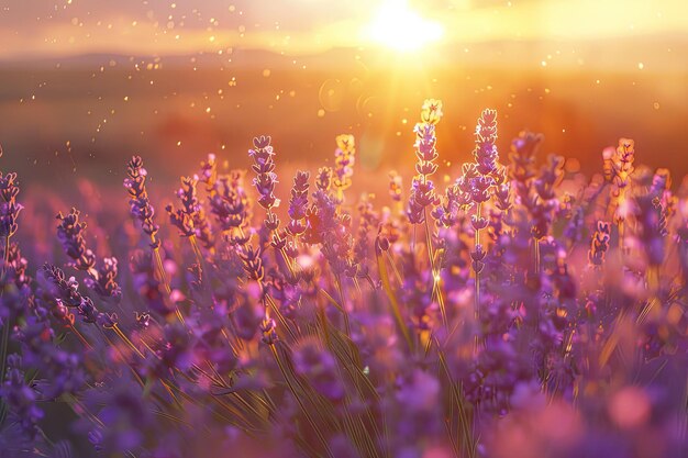 Closeup sunset lavender field in Provence France