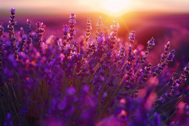 Closeup sunset lavender field in Provence France