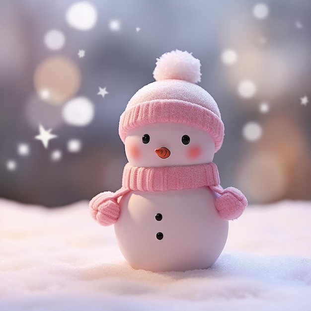 Photo closeup of super cute mini snowman wear soft pink blurred background pink falling snow