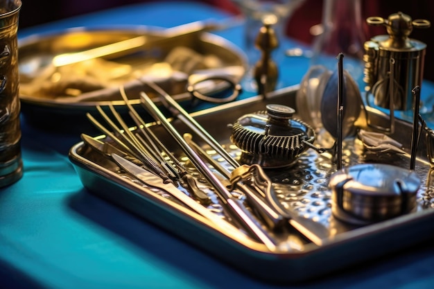 Photo closeup of surgical instruments on a sterile tray created with generative ai