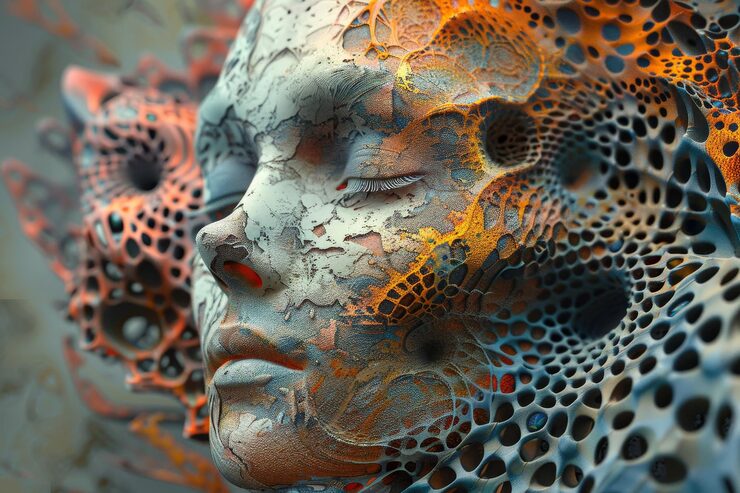 Photo a closeup of a surreal face constructed of machine learning algorithms creating a complex otherworldly image a surreal representation of machine learning algorithms