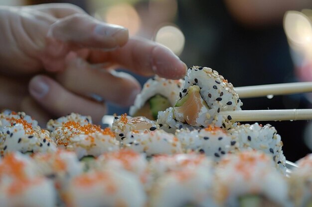 Photo closeup of sushi being shared among colleagues during