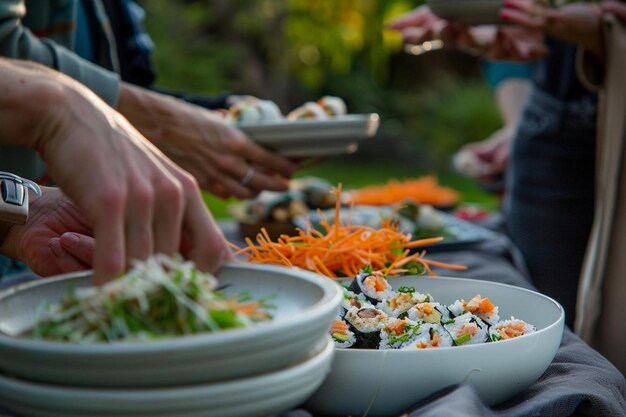 Photo closeup of sushi being shared among friends at a party