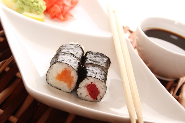 Closeup of sushi on a plate soy sauce