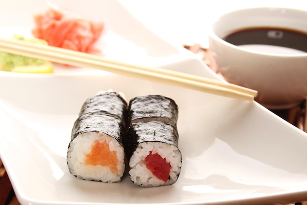 Closeup of sushi on a plate soy sauce