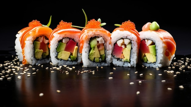 Closeup of a sushi roll being sliced into bitesized pieces