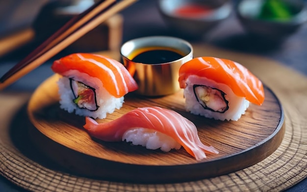 テーブルの上の皿に盛られた寿司のクローズアップ