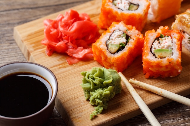 Closeup of sushi with soy sauce