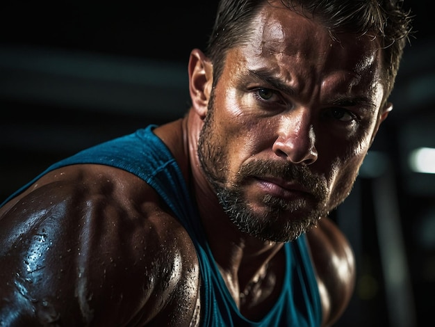 Photo closeup of sweaty face of a man exercising