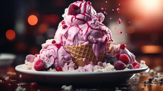 Photo closeup sweet ice cream of various colors and filled with fruit cream and chocolate sprinkles