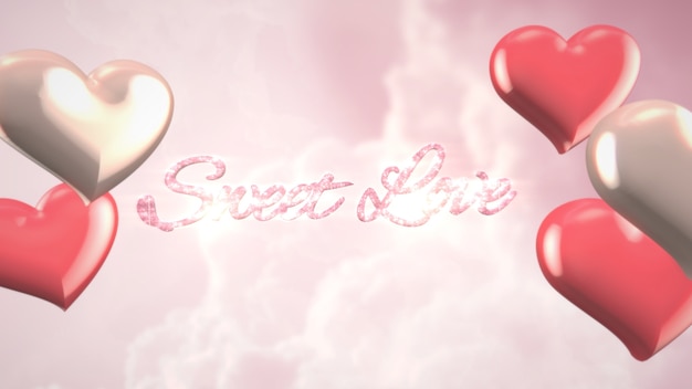 Closeup Sweet Love text and romantic heart on Valentines day shiny background. Luxury and elegant style 3D illustration for holiday