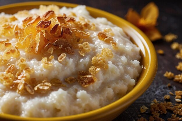 Closeup of sweet rice pudding with a golden crust