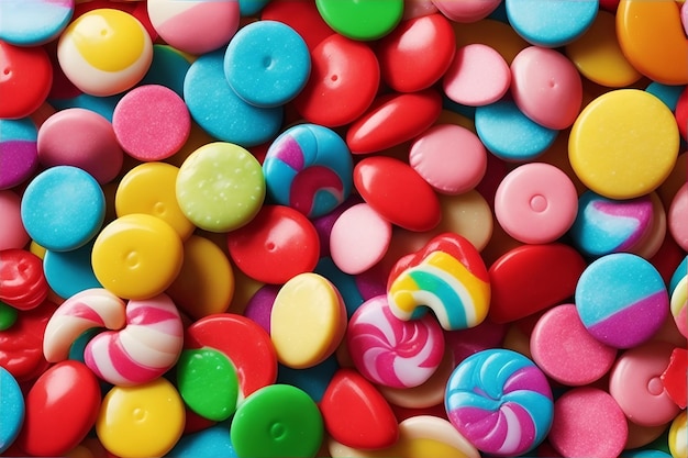 Крупный план разноцветных конфет Sweets на темном фоне