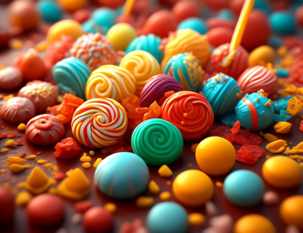 Крупный план разноцветных конфет Sweets на темном фоне