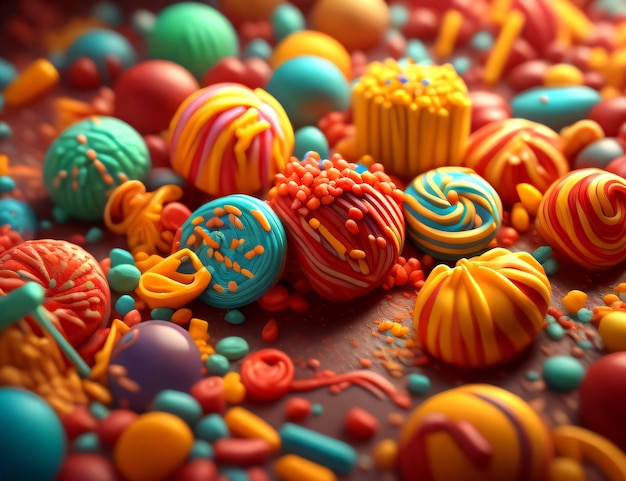 Photo closeup of sweets multi colored candies on a dark color background