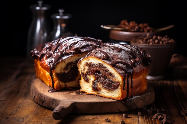 나무 테이블 위에 있는 Swirl Brioche Chocolate Babka의 클로즈업