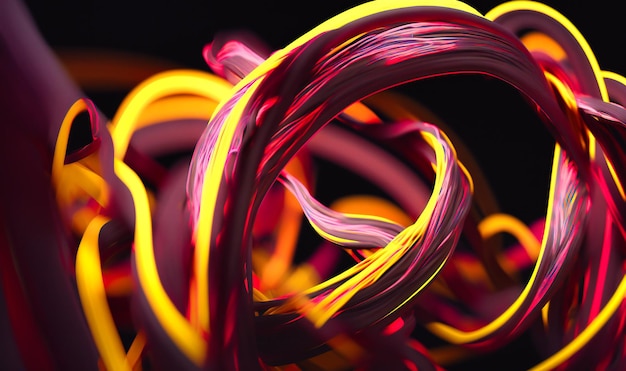 A closeup of swirling ribbons of bright pink orange and yellow paint against a dark background