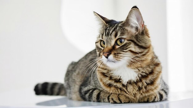 Closeup of tabby cat looking away over white background