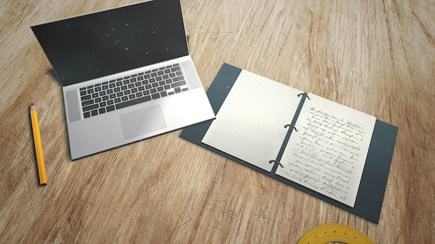 Closeup tabel van student met notebook en laptop, school achtergrond. Elegante en luxe 3D illustratie van onderwijsthema