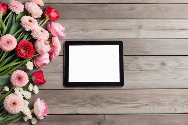 Photo closeup tablet with a empty blank screen monitor with a bouquet of flowers on white table background