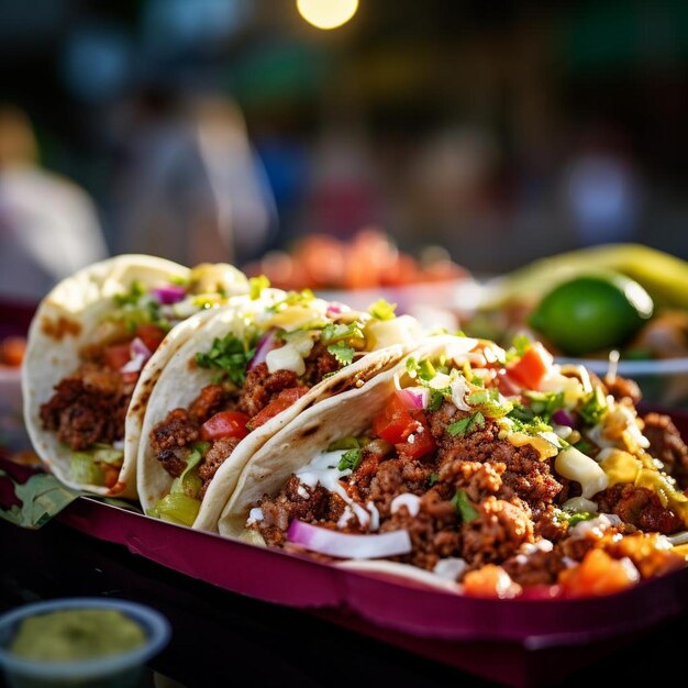 Closeup of a taco being enjoyed at a bustling outdoor