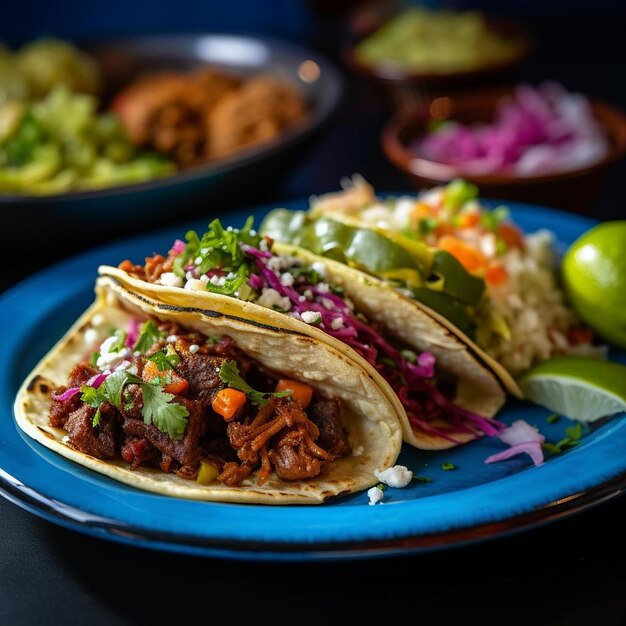 Closeup of a taco being served on a vibrant blue