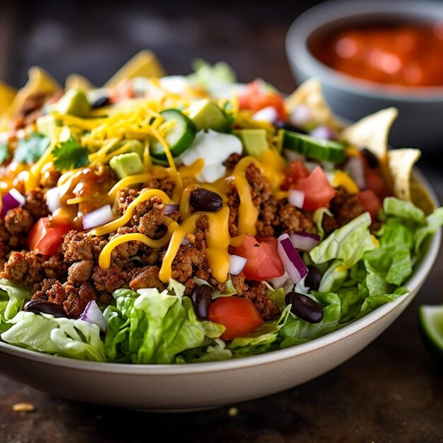 Closeup of a taco salad bowl filled with lettuce beans