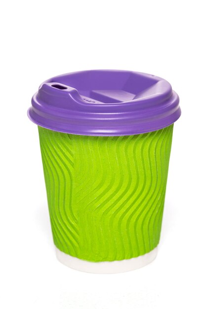 Closeup takeaway green paper coffee cup with purple lid isolated on white background