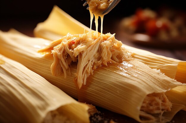 A closeup of tamales filled with savory cheese and peppers