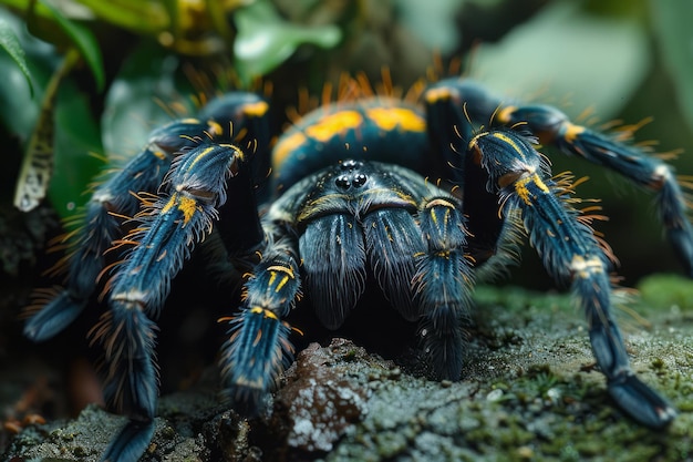 Photo a closeup of a tarantula that makes its home among the roots of a rare tropical plant the spiders