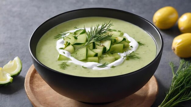 Closeup of tarator summer cold cucumber soup with dill yogurt olive oil in black bowl