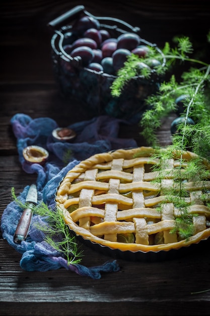 Closeup of tart with plums made of fresh ingredients