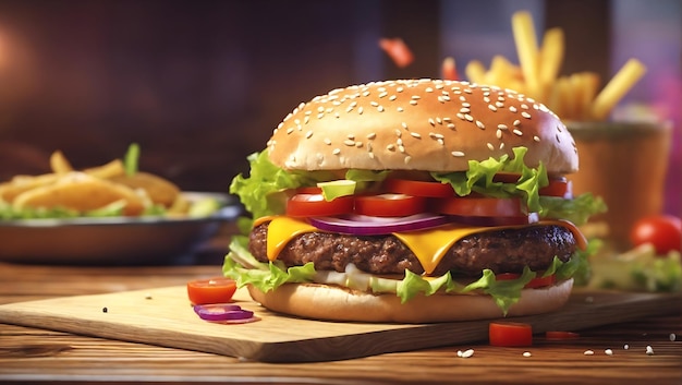 Photo closeup of a tasty burger on a wooden table 3d rendering illustration