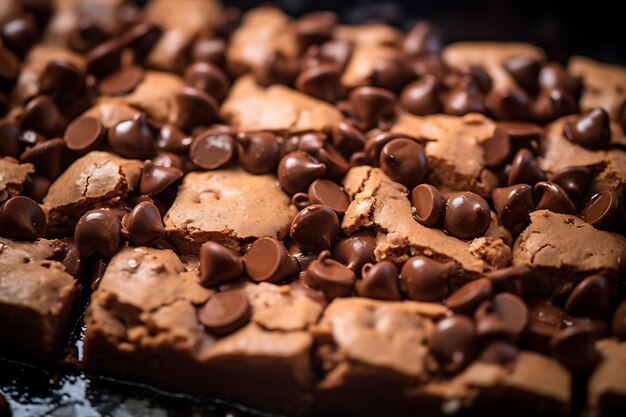 Closeup of tasty chocolate cake with chocolate chunks on baking sheet