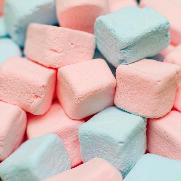 Photo closeup of tasty colorful marshmallows in hues of pink and blue