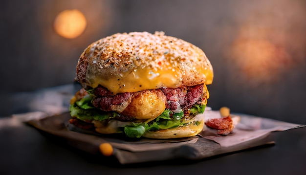 Closeup of tasty homemade beef burger and salad on rustic wooden background Fast food and junk food