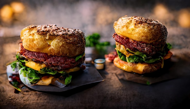 Closeup of tasty homemade beef burger and salad on rustic wooden background Fast food and junk food