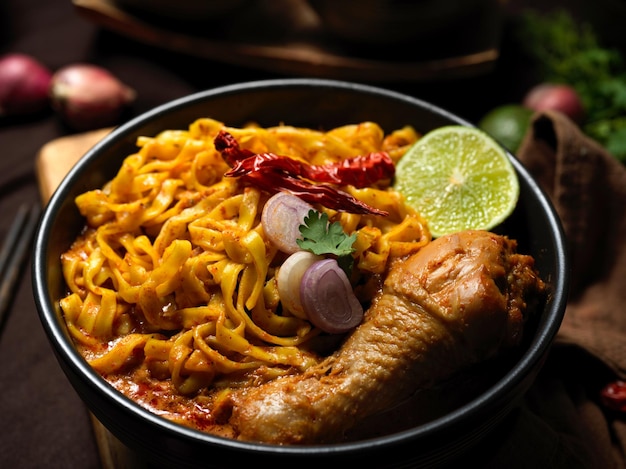 Closeup tasty khao soi kai spicy and hot yellow curry noodles\
with chicken thai northern food