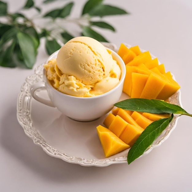 Photo closeup of tasty mango ice cream in cup