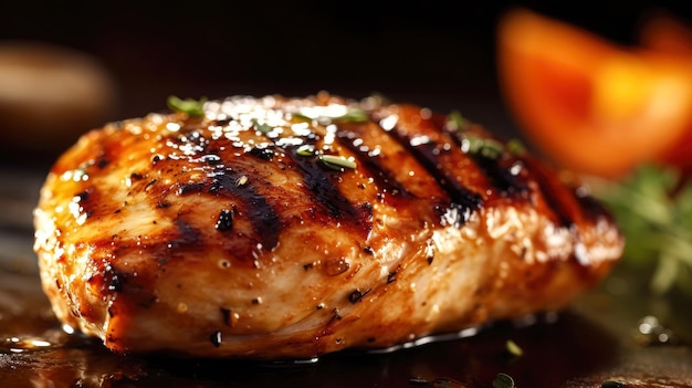 Primo piano di gustoso petto di pollo arrosto servito su tavola di legno cibo delizioso pollo alla griglia ia generativa