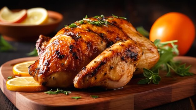 Closeup of tasty roast chicken breast served on wooden board Delicious food Grilled chicken Generative AI