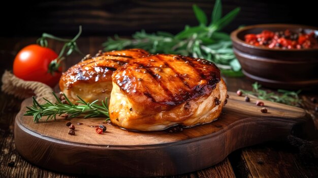 Photo closeup of tasty roast chicken breast served on wooden board delicious food grilled chicken generative ai