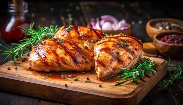 Foto primo piano di gustoso petto di pollo arrosto servito su tavola di legno pollo alla griglia ai generativa