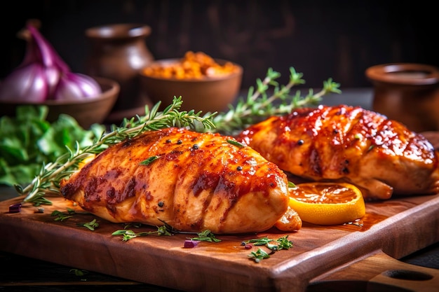 Closeup of tasty roast chicken breast served on wooden board Grilled chicken Generative AI