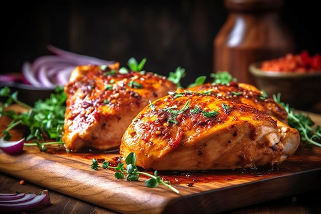 Closeup of tasty roast chicken breast served on wooden board Grilled chicken Generative AI