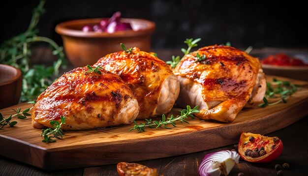 Closeup of tasty roast chicken breast served on wooden board Grilled chicken