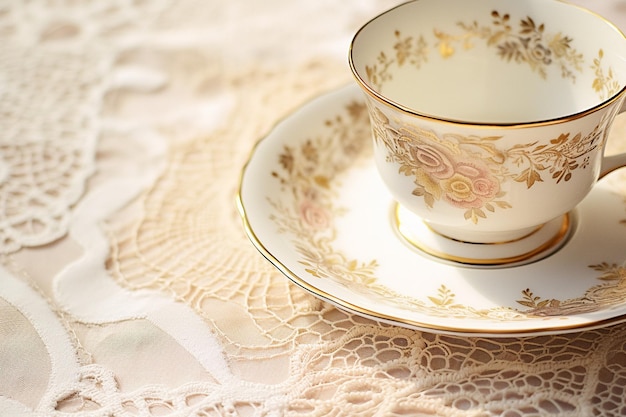 Photo closeup of a tea cup and saucer on a lace doily