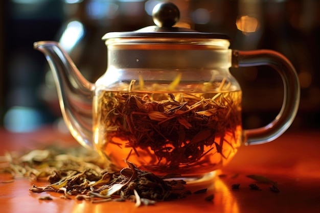 Closeup of tea leaves steeping in a glass teapot created with generative ai